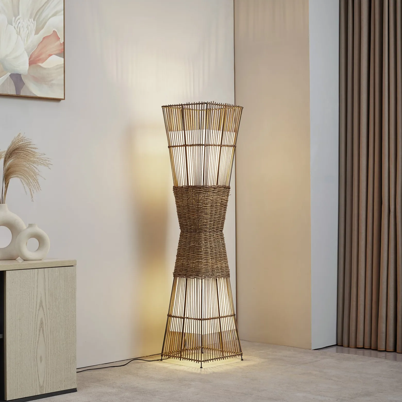 Lindby Jacinto lattiavalaisin, bambu, hamppu, korkeus 130 cm