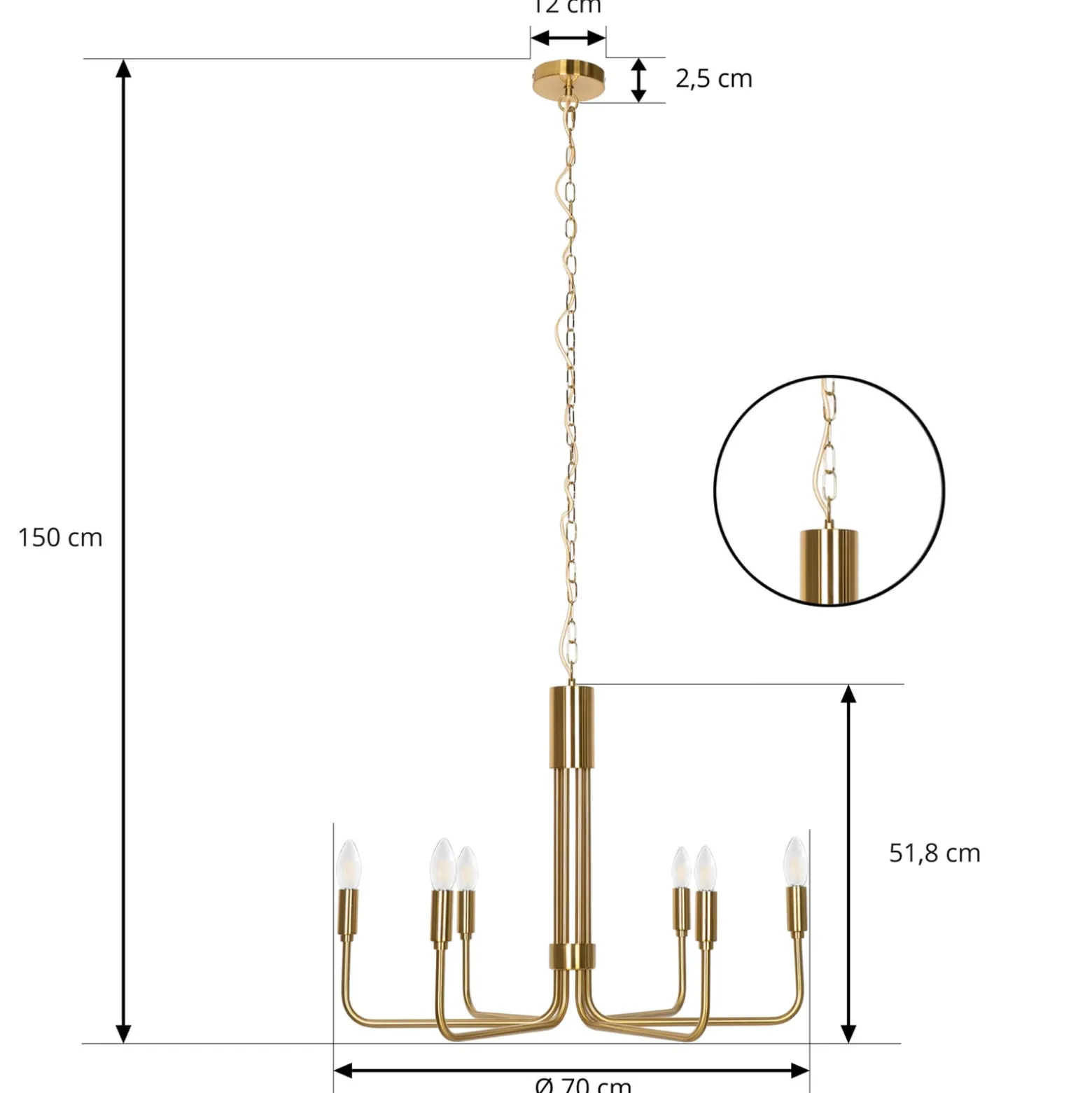 Lindby kattokruunu Elanova, messinki, 6 valoa, Ø 70 cm, E14
