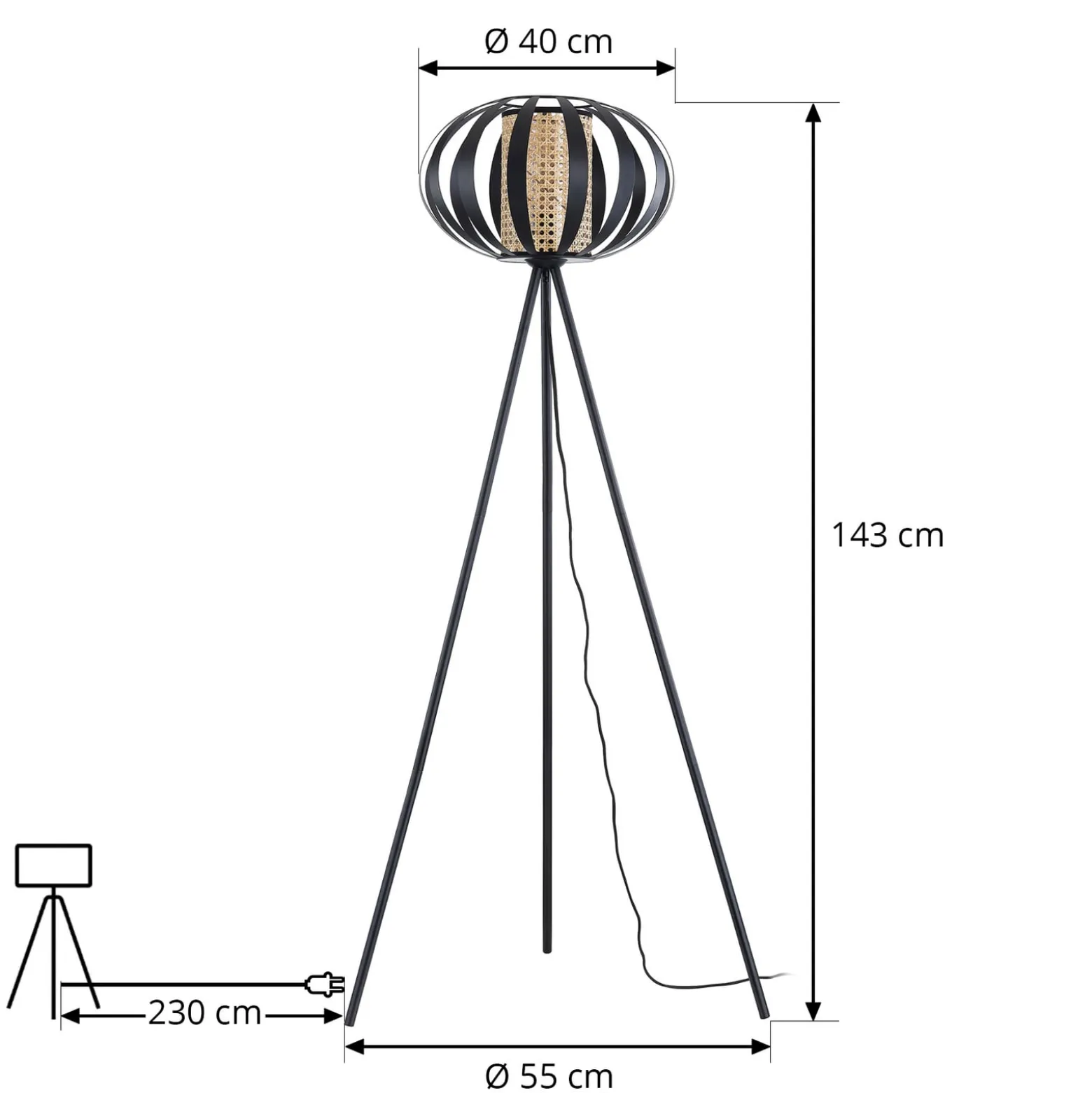 Lindby lattiavalaisin Tamira, musta, rottinki, 143 cm korkea, E27