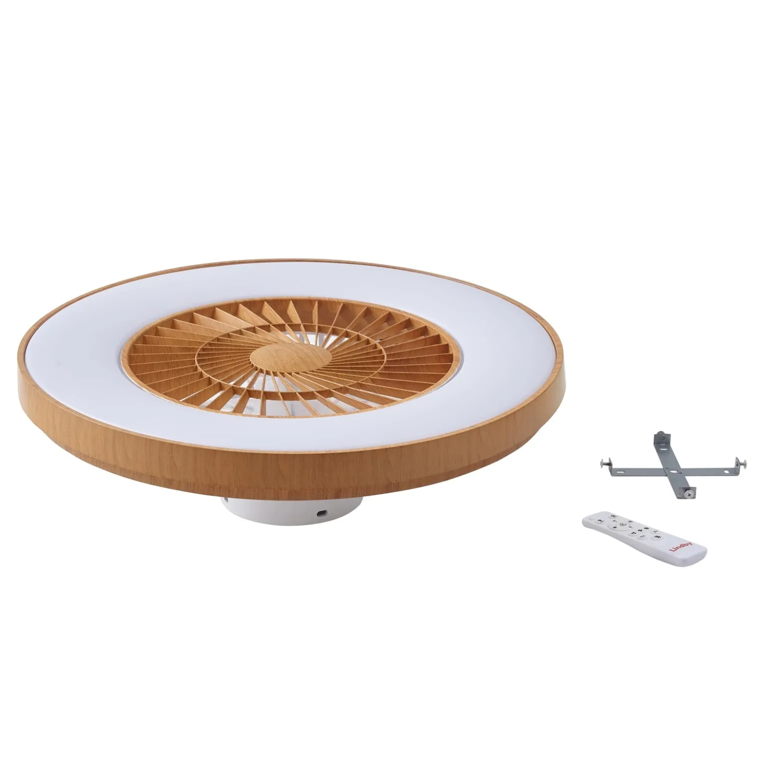 Lindby LED-kattotuuletin Teleo, Ø 58 cm, puunvärinen, CCT