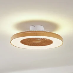 Lindby LED-kattotuuletin Teleo, Ø 58 cm, puunvärinen, CCT