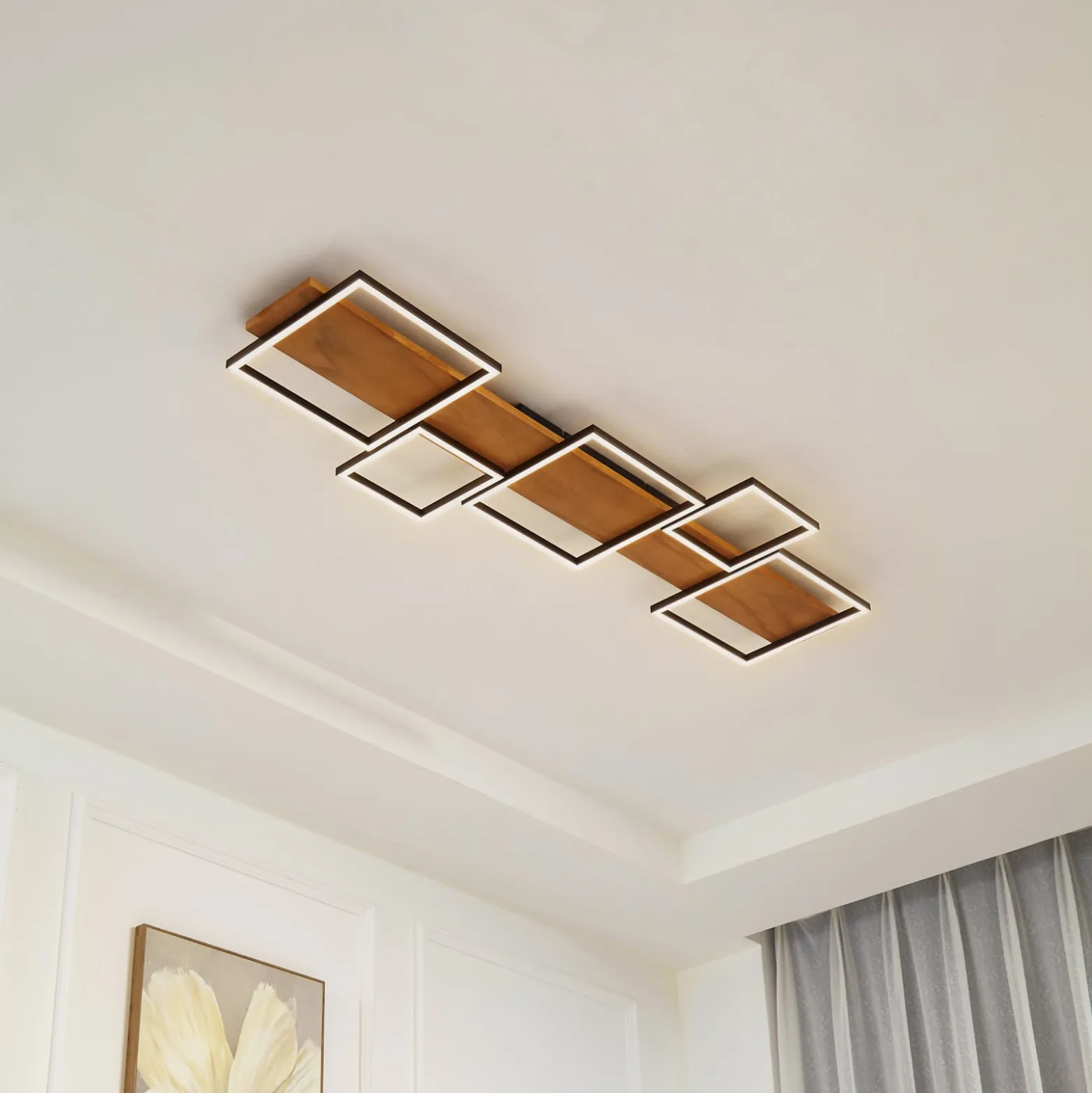 Lindby LED-kattovalaisin Galad, musta, puu, 5 valoa, 140 cm