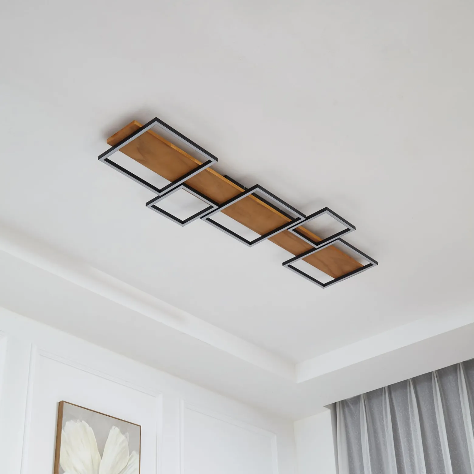 Lindby LED-kattovalaisin Galad, musta, puu, 5 valoa, 140 cm