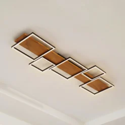 Lindby LED-kattovalaisin Galad, musta, puu, 5 valoa, 140 cm