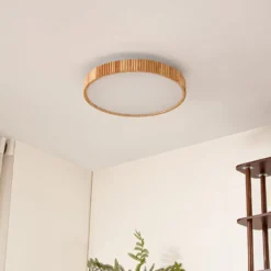Lindby LED-kattovalaisin Velua, valkoinen/vaalea puu, CCT, Ø 50 cm