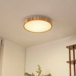 Lindby LED-kattovalaisin Velua, valkoinen/vaalea puu, CCT, Ø 50 cm