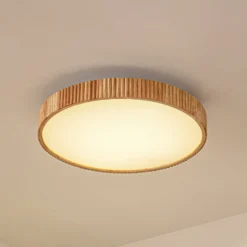 Lindby LED-kattovalaisin Velua, valkoinen/vaalea puu, CCT, Ø 50 cm
