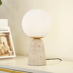 Lindby pöytävalaisin Kirstan, beige, valkoinen, lasi, kivi, 33 cm