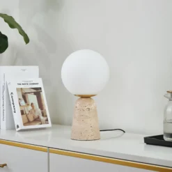 Lindby pöytävalaisin Kirstan, beige, valkoinen, lasi, kivi, 33 cm