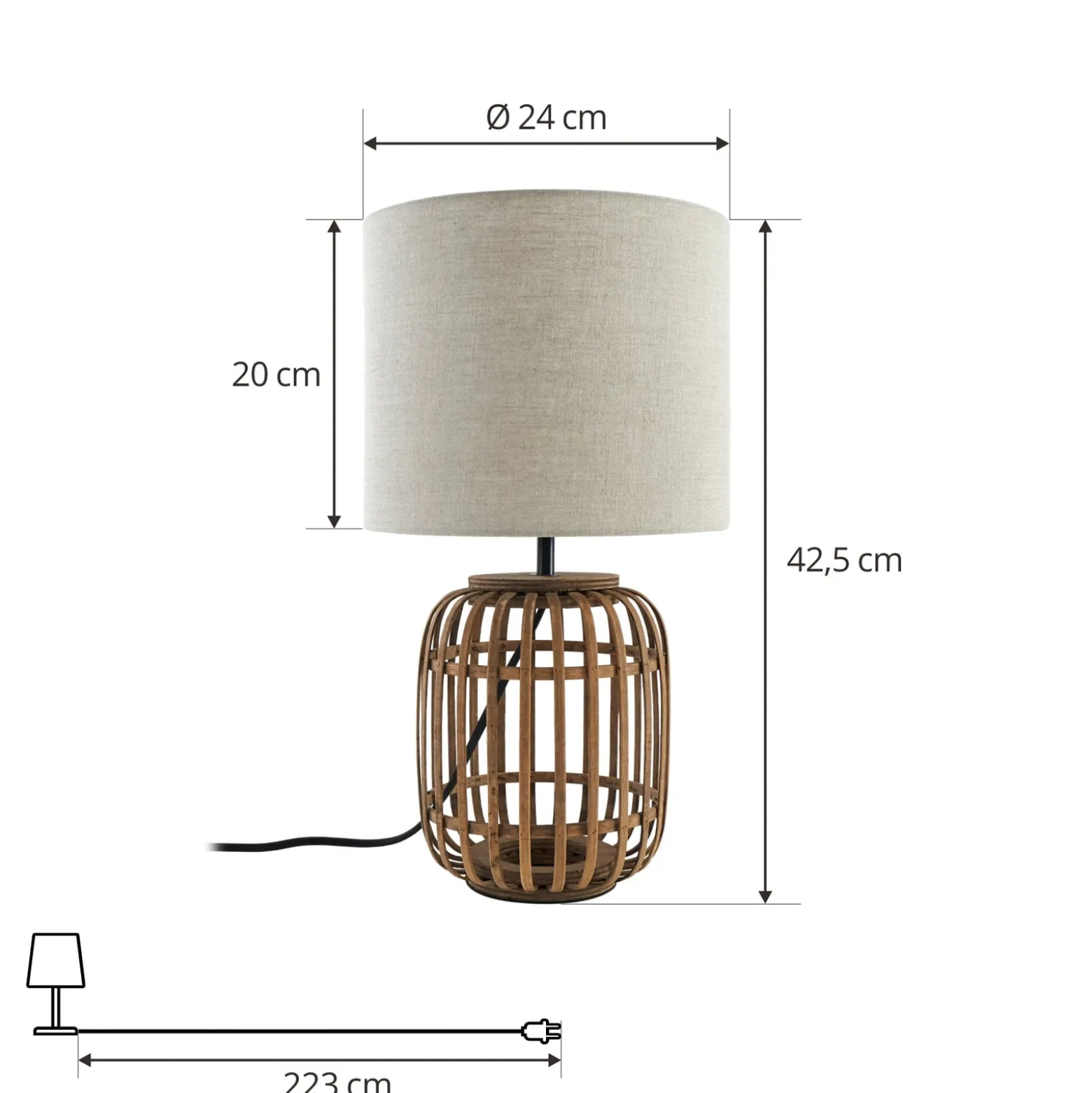 Lindby pöytävalaisin Marzanna, harmaa, bambu, 42,5 cm, E27