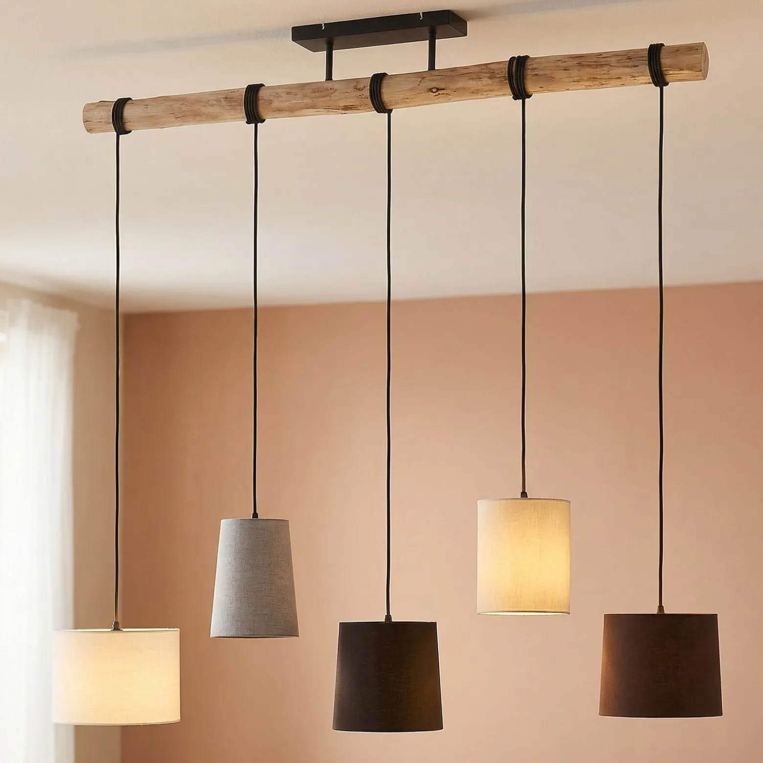 Lindby riippuvalaisin Amilia, kangas, 5-valo, harmaa/beige, E27