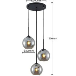 Lindby riippuvalaisin Jurian, 32 cm, 3-valo, musta/savu, lasia