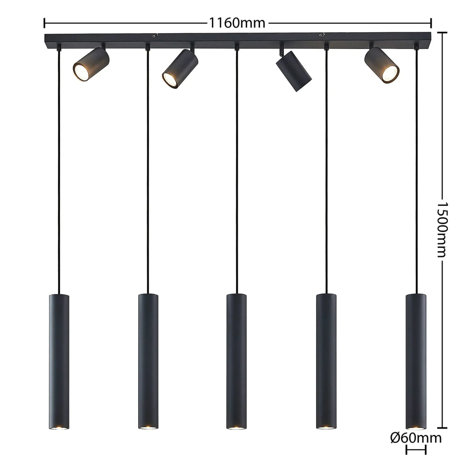 Lindby Sanad riippuvalaisin, 116 cm, 9-lamppuinen, musta, GU10