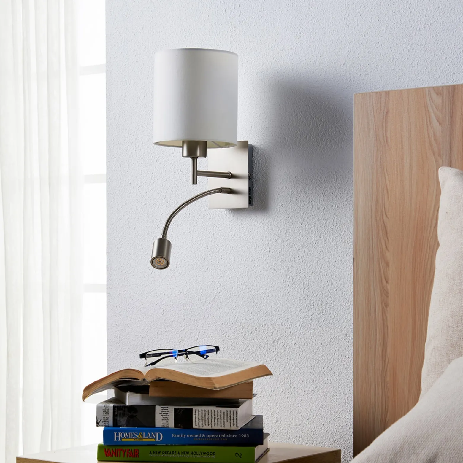 Lindby seinävalaisin Camilo, nikkelin värinen, LED-lukuvalo, 28 cm