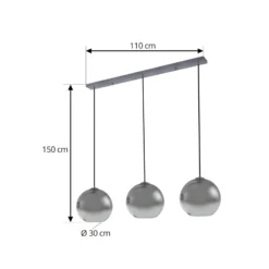 Lucande Brillar riippuvalaisin, savuharmaa, lasi, 3-lamppuinen, 128 cm