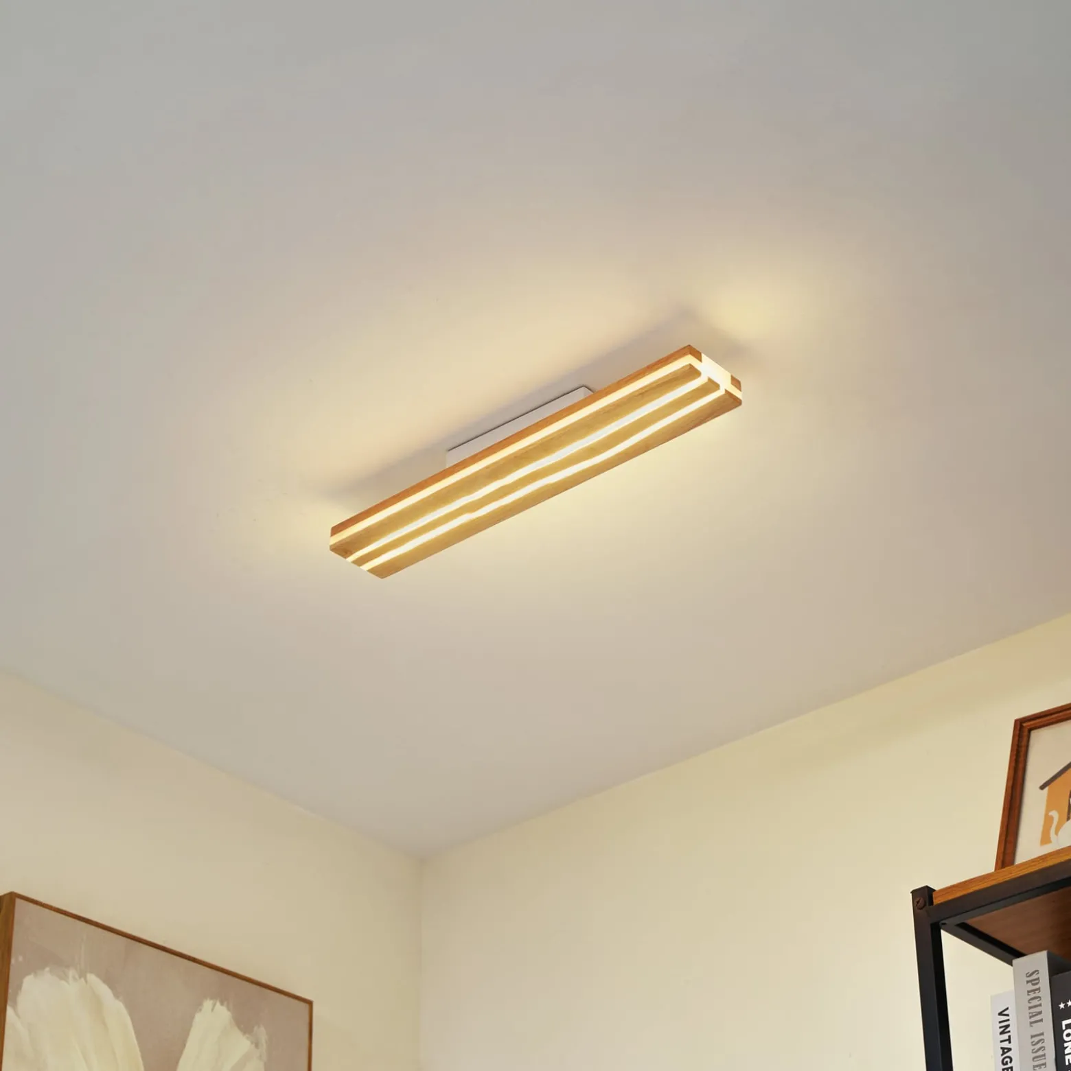 Lucande LED-kattovalaisin Silja, puu, 100 cm, 3000K
