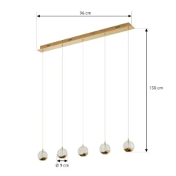 Lucande LED-riippuvalaisin Hayley, 96 cm, 5-valo, kulta, lasi