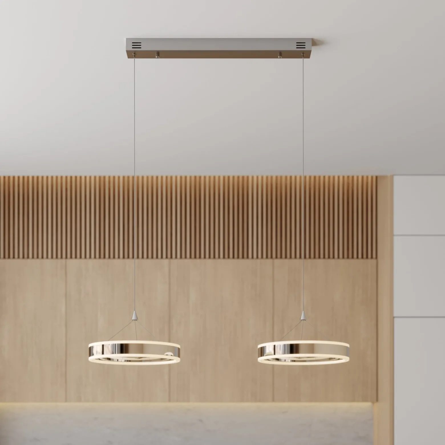 Lucande LED-riippuvalaisin Lyani, 85 cm, 2-valo, kromi, himmennettävä
