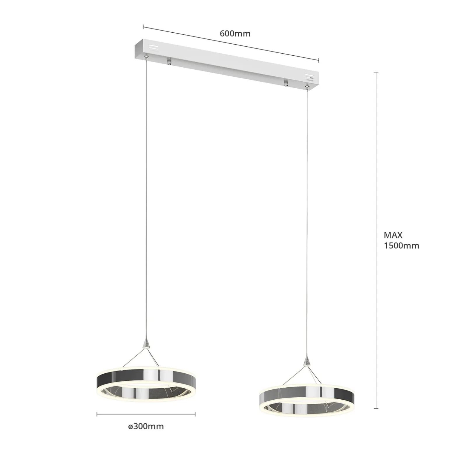Lucande LED-riippuvalaisin Lyani, 85 cm, 2-valo, kromi, himmennettävä