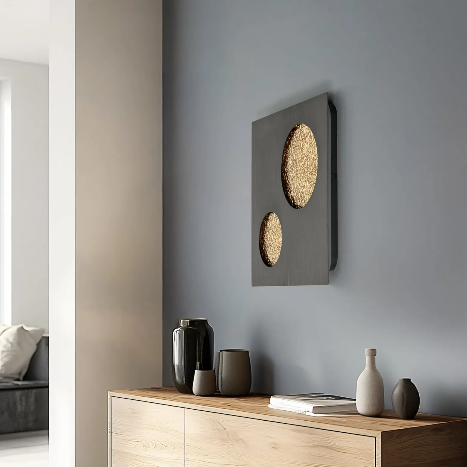 Lucande LED-seinävalaisin Delin, harmaa/kultainen, 55 x 55 cm, himmennettävä