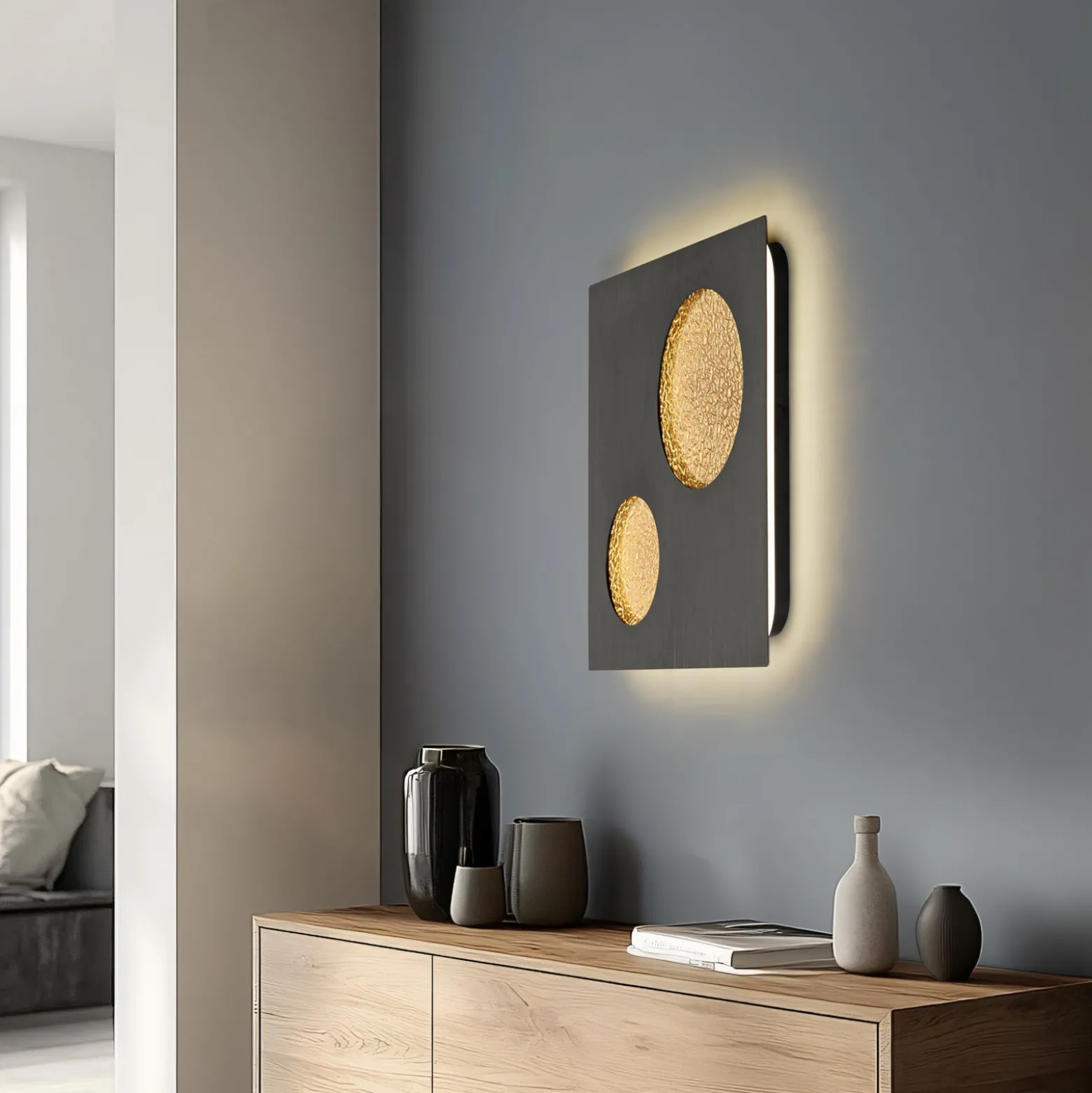 Lucande LED-seinävalaisin Delin, harmaa/kultainen, 55 x 55 cm, himmennettävä