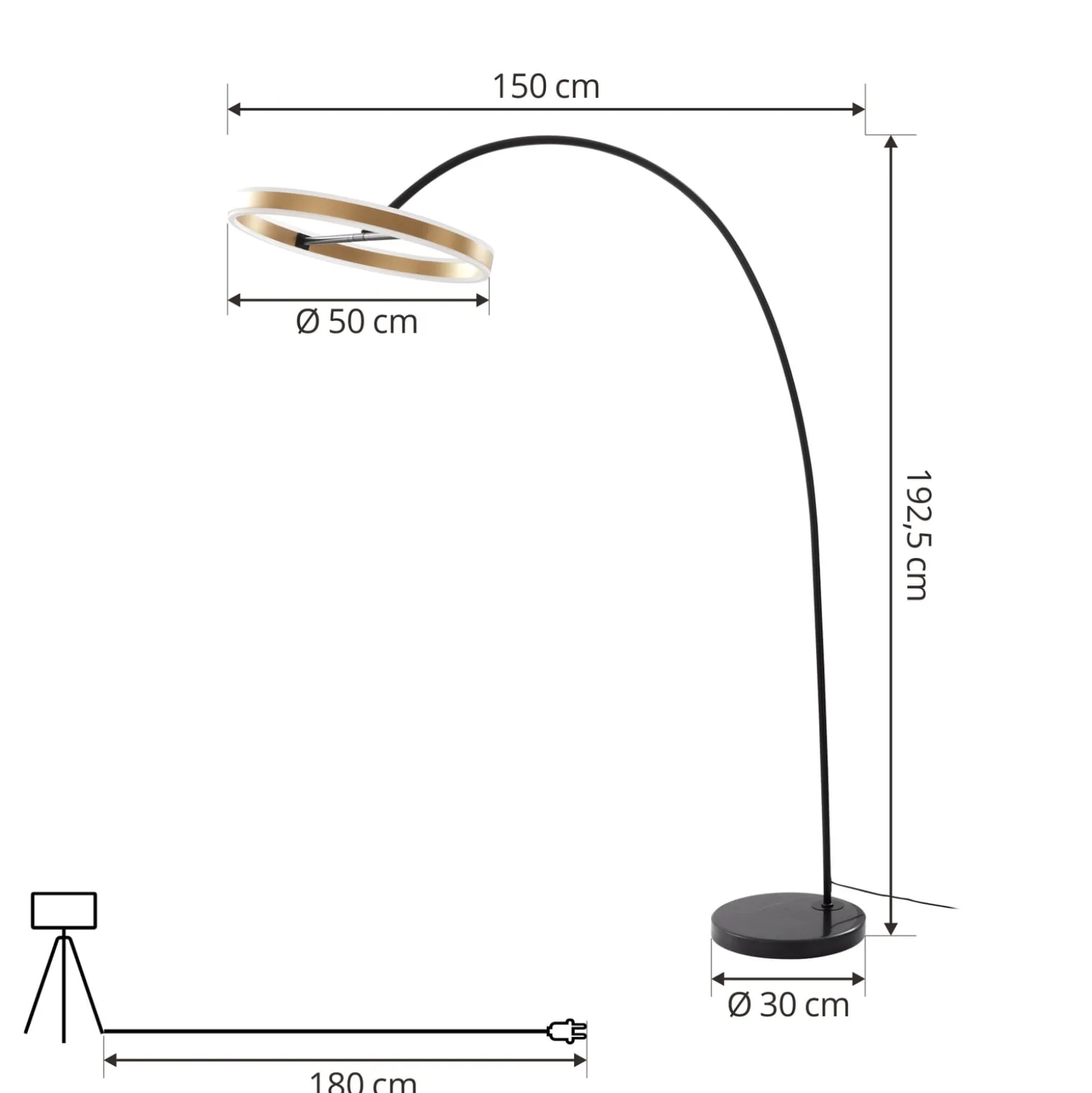 Lucande LED-valokaarilamppu Yekta, messinginvärinen, 183 cm, himmennettävä