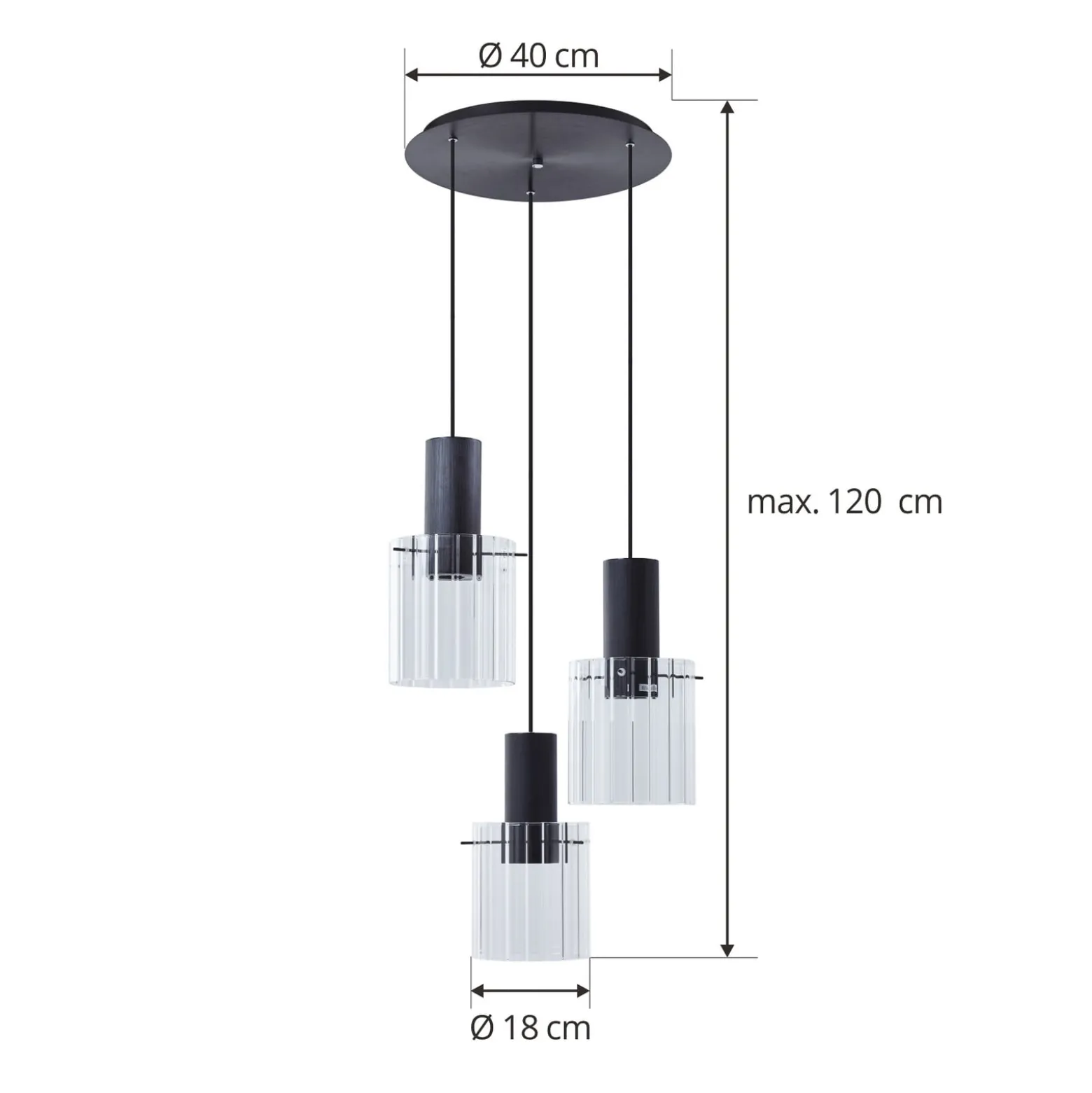 Lucande-riippuvalaisin Eirian, Ø 40 cm, 3-valo, musta, lasia