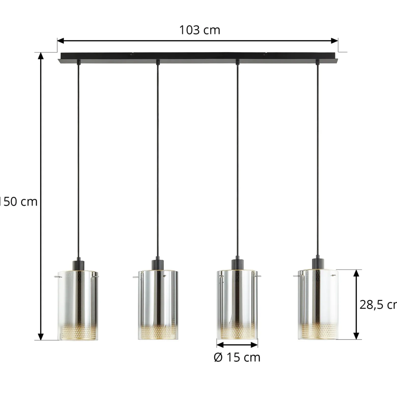 Lucande-riippuvalaisin Sterzy, 105 cm pitkä, harmaa, lasi, 4-valo.