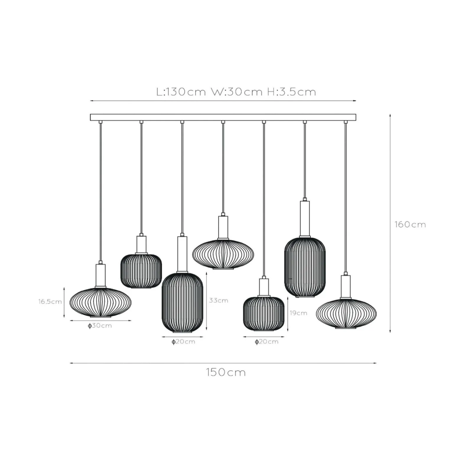 Maloto-riippuvalaisin, lasi, 7-valo, meripihka, 150 cm