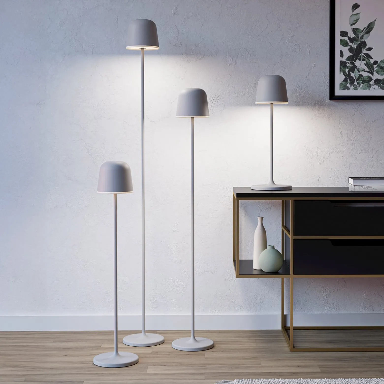 Mannera-L-LED-akku-terassivalaisin, harmaa, korkeus 140 cm, metallia