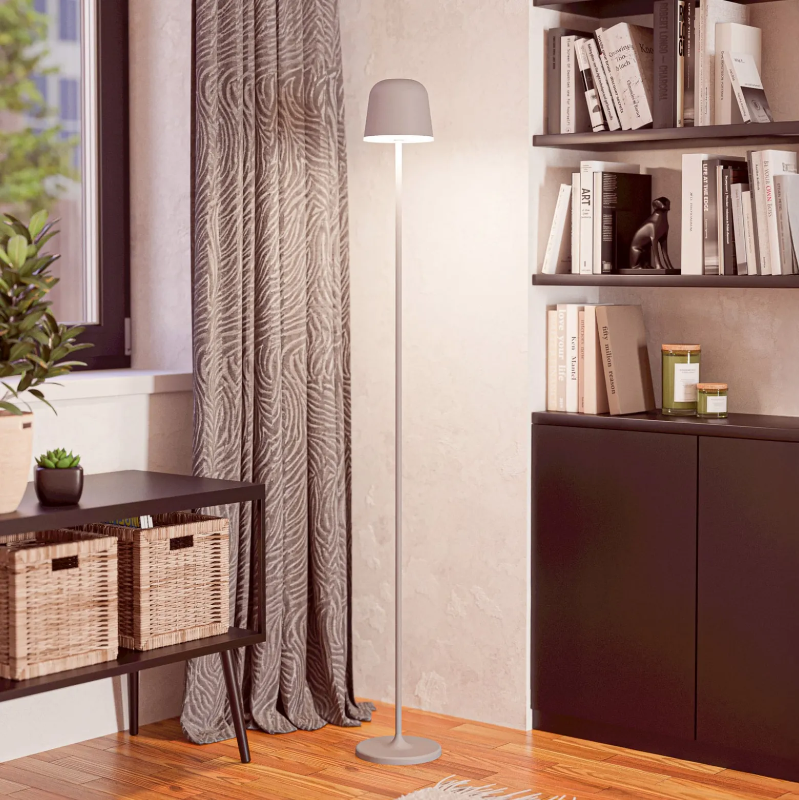 Mannera-L-LED-akku-terassivalaisin, harmaa, korkeus 140 cm, metallia