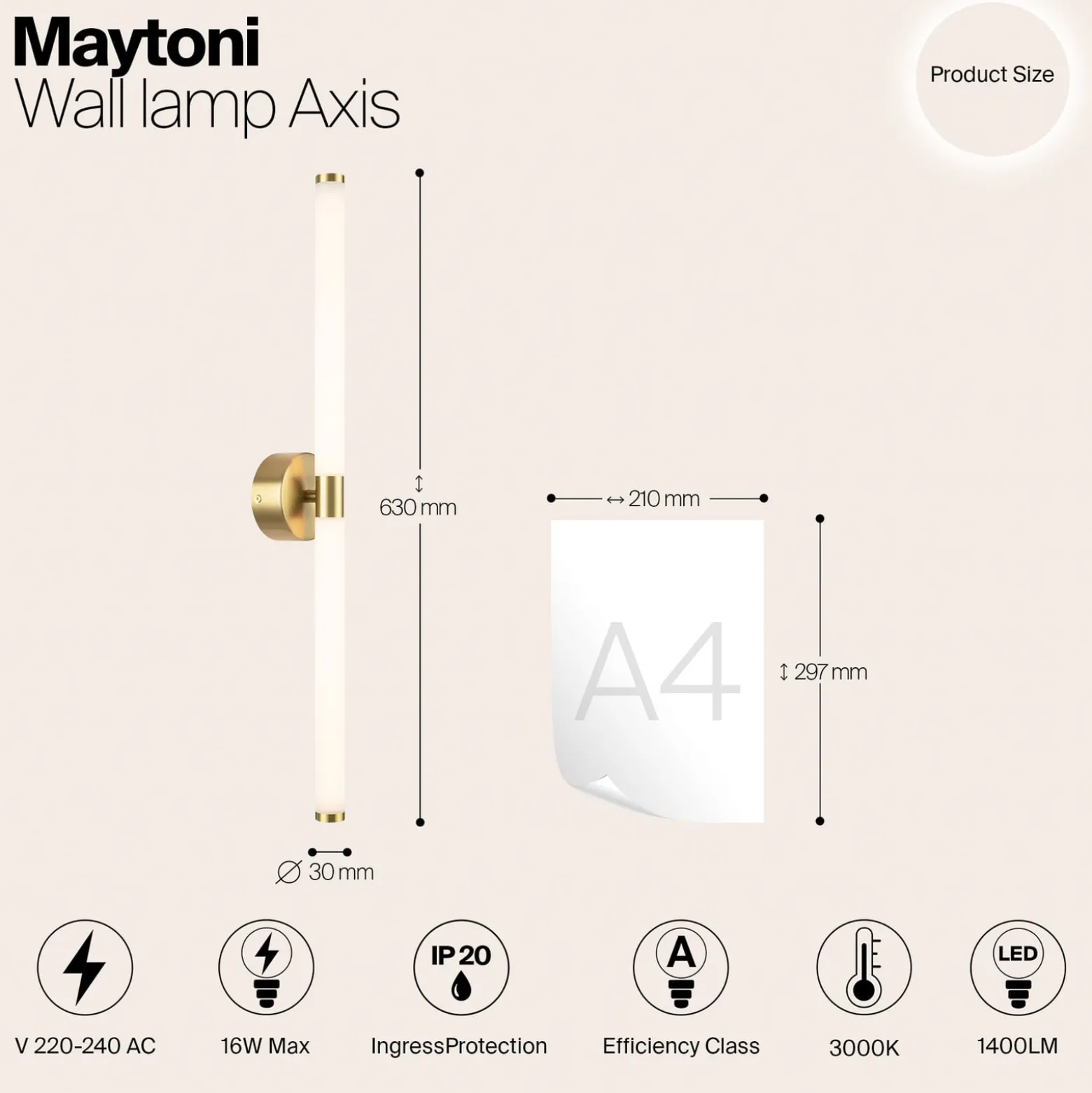 Maytoni LED-seinävalaisin Axis, kullanvärinen, korkeus 63 cm