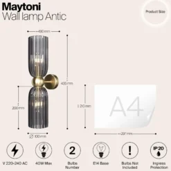 Maytoni seinävalaisin Antic, 2-valo, kulta/harmaa, lasia