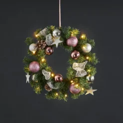 Noel-LED-kuusikranssi, hopea/vaal.pun. koristeet