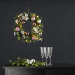 Noel-LED-kuusikranssi, hopea/vaal.pun. koristeet