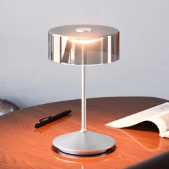 Numotion LED ladattava pöytävalaisin, hopea, lasi, IP54, himmennettävä