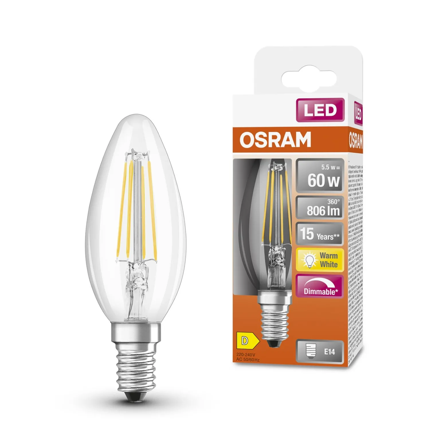 OSRAM Classic LED-kynttilä E14 5,5W 827 filamentti