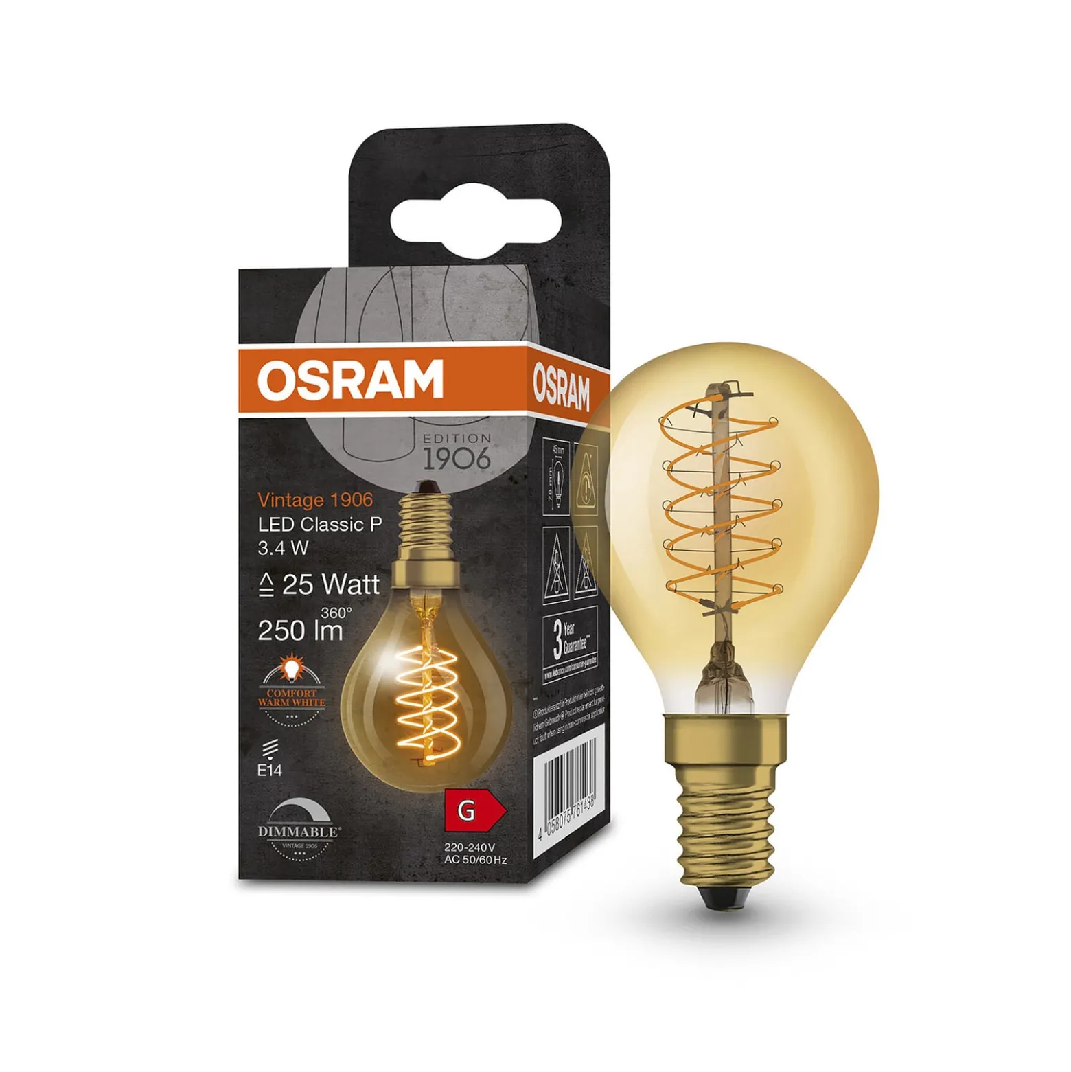 OSRAM 1906 E14 3,4 W LED-tippa 822 kultainen himmennettävä