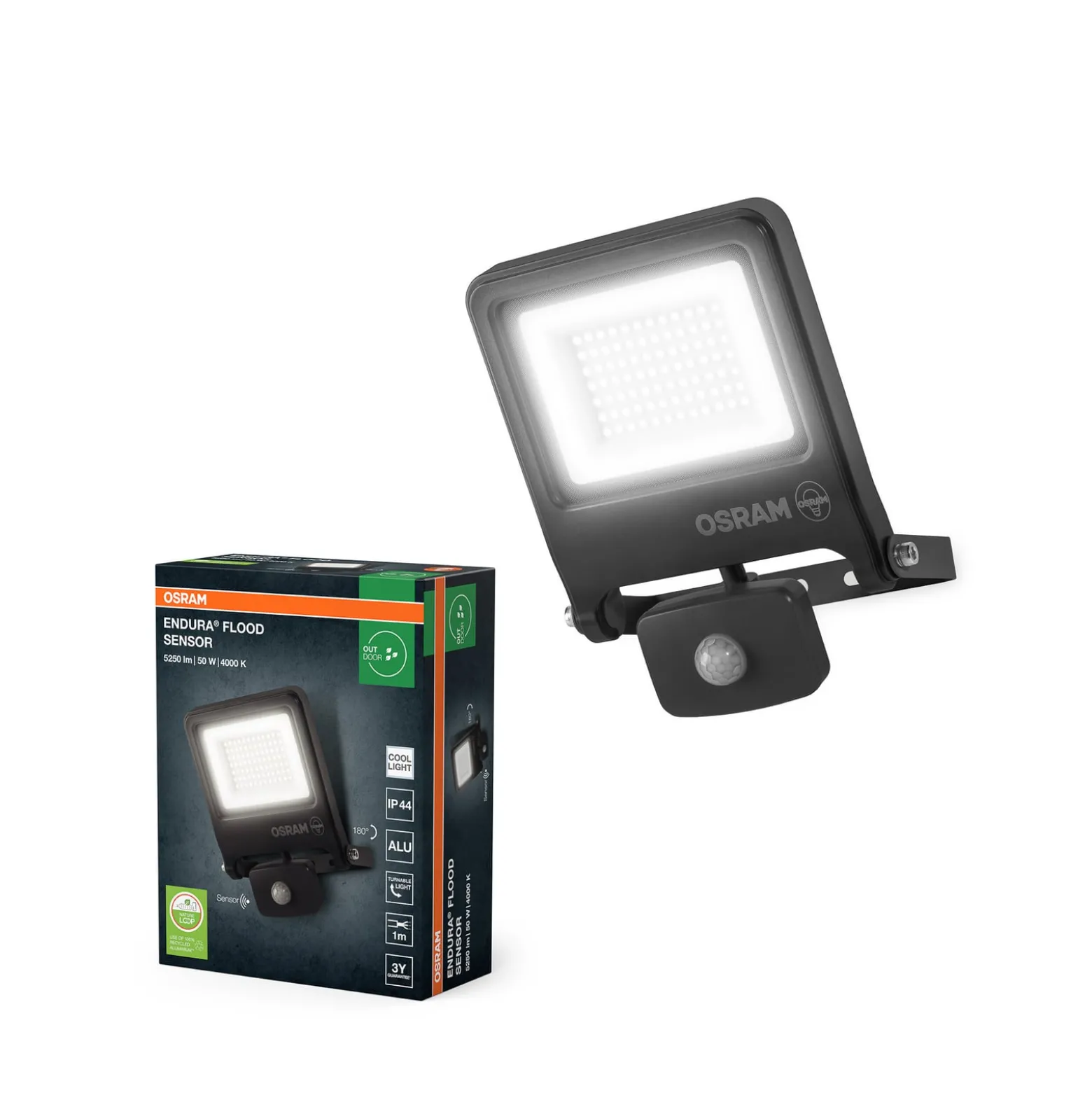 OSRAM kohdevalaisin ulos ENDURA FLOOD, harmaa, anturi 50 W 840 IP44