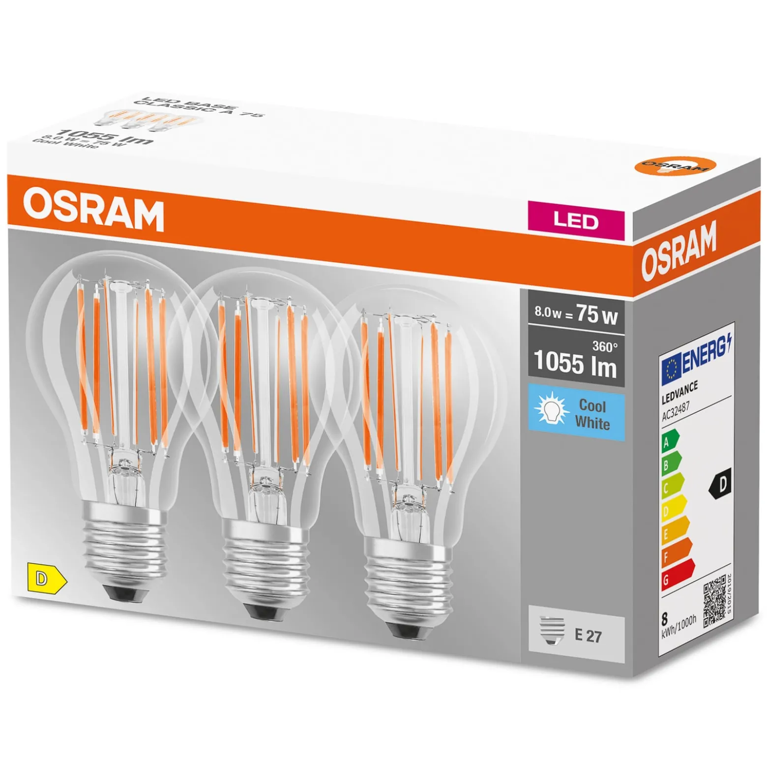 OSRAM-LED-filamenttilamppu E27 Base 7,5W 4000K 3 x