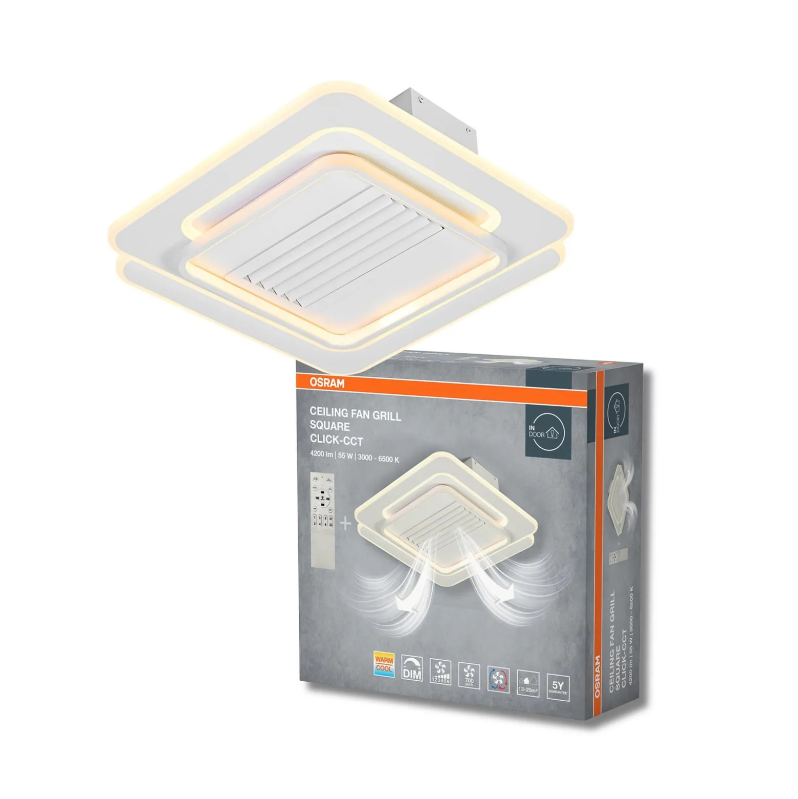 OSRAM LED-kattotuuletin GRILL 55x55 cm, valkoinen, kaukosäädin