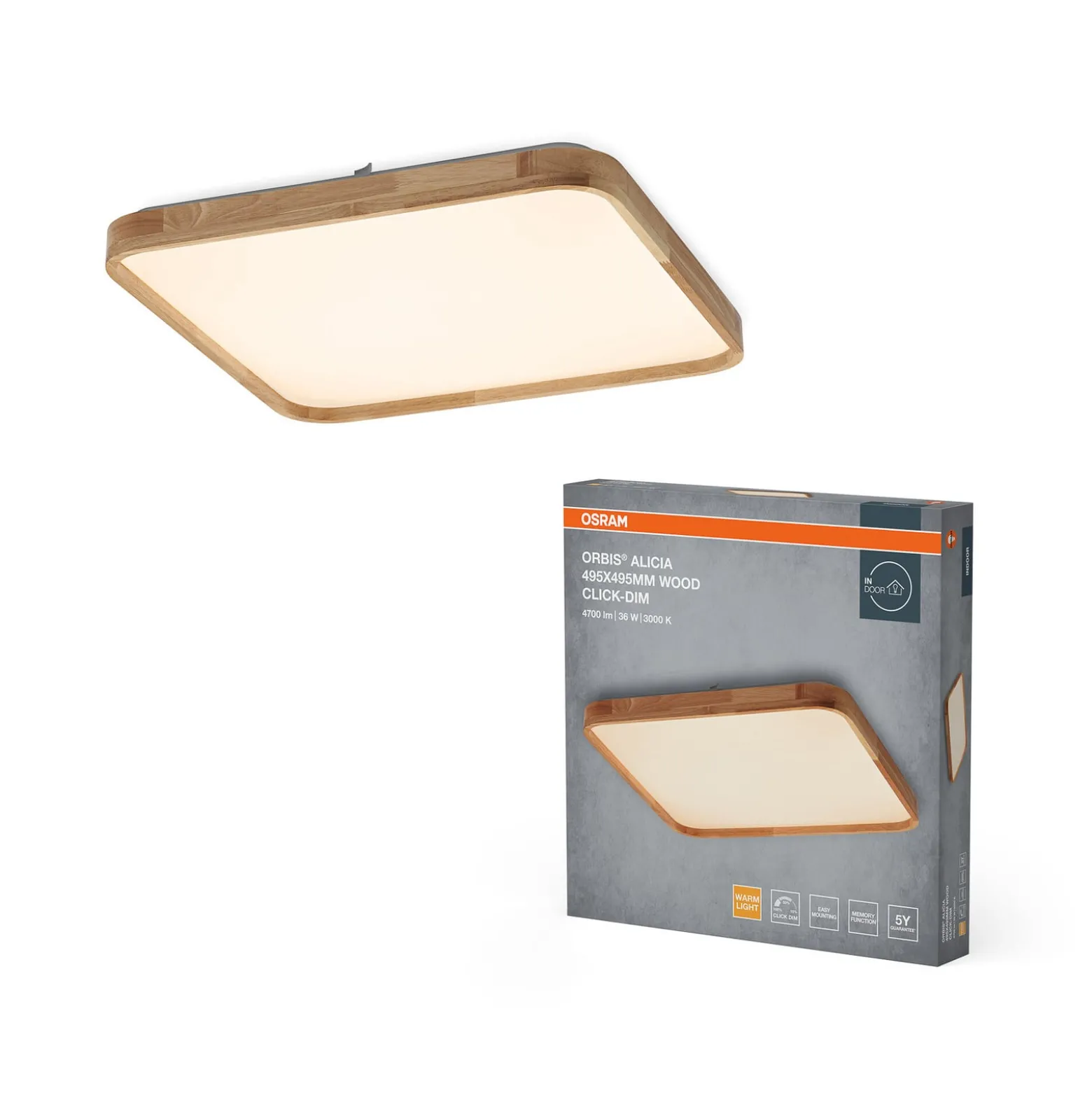 OSRAM LED-kattovalaisin ORBIS ALICIA, 50 x 50 cm, puu, clickdim