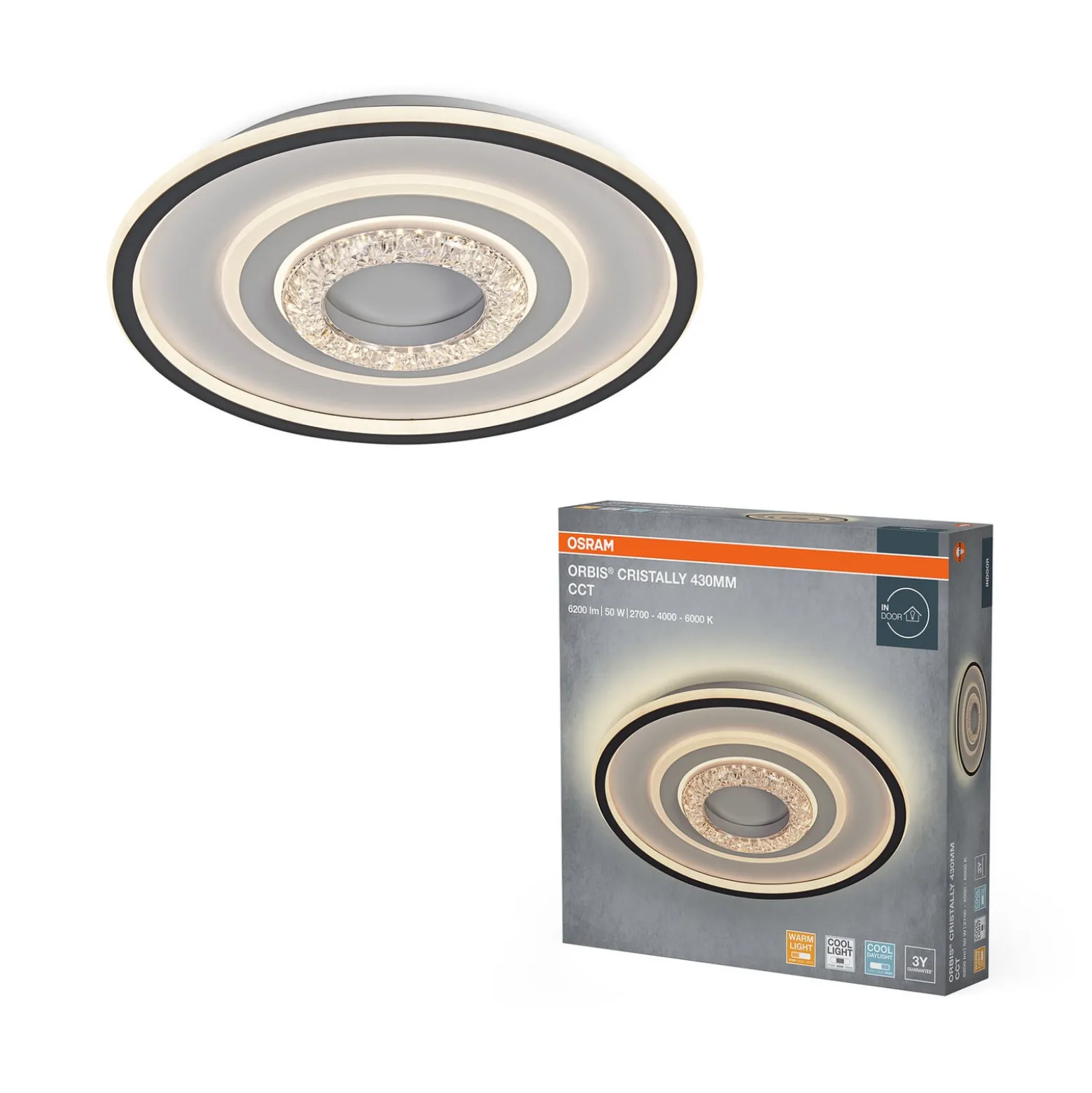 OSRAM LED-kattovalaisin ORBIS CRISTALLY, valkoinen, Ø 43 cm, CCT