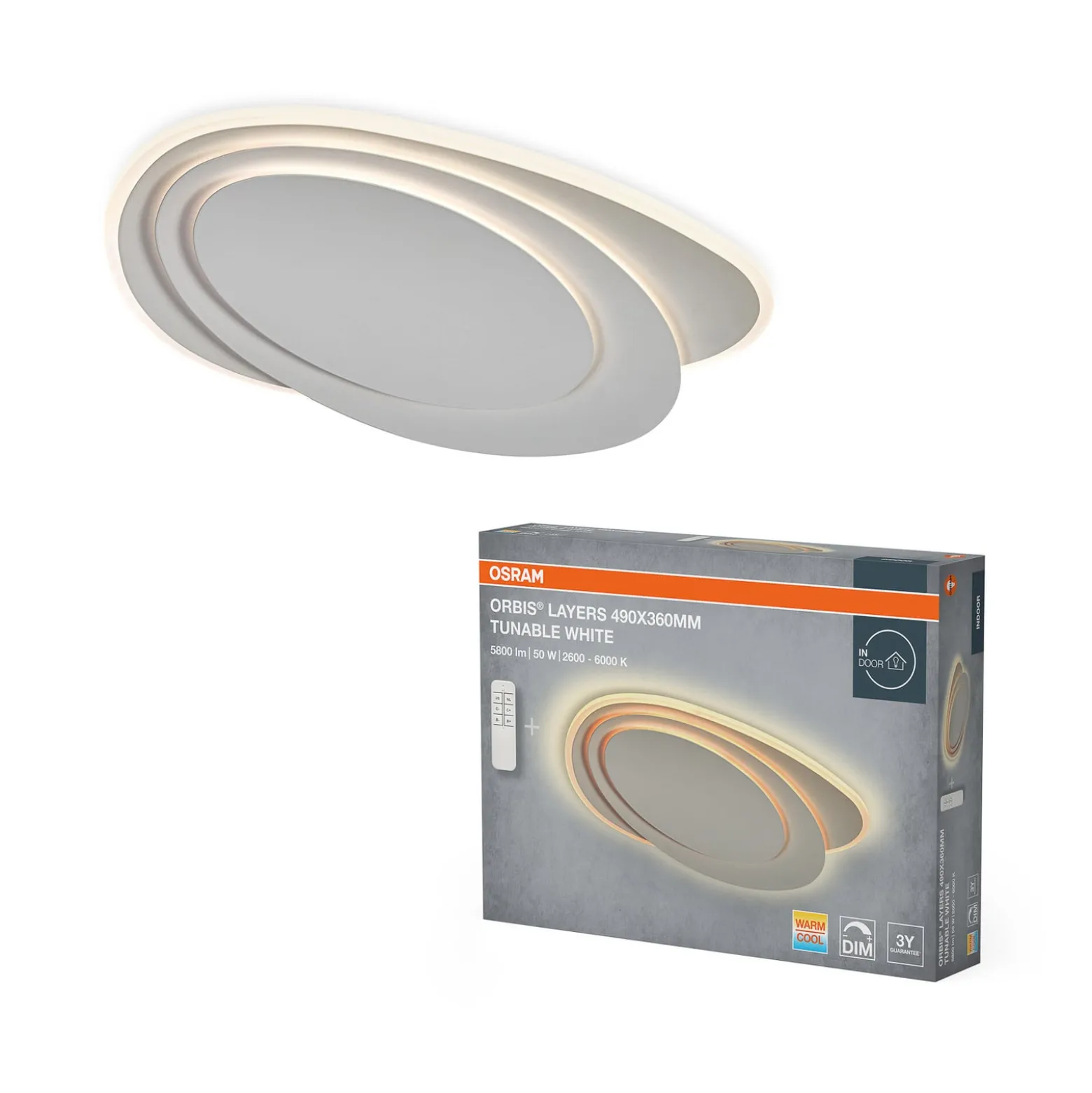 OSRAM LED-kattovalaisin ORBIS LAYERS, valkoinen, 49 x 36 cm, CCT