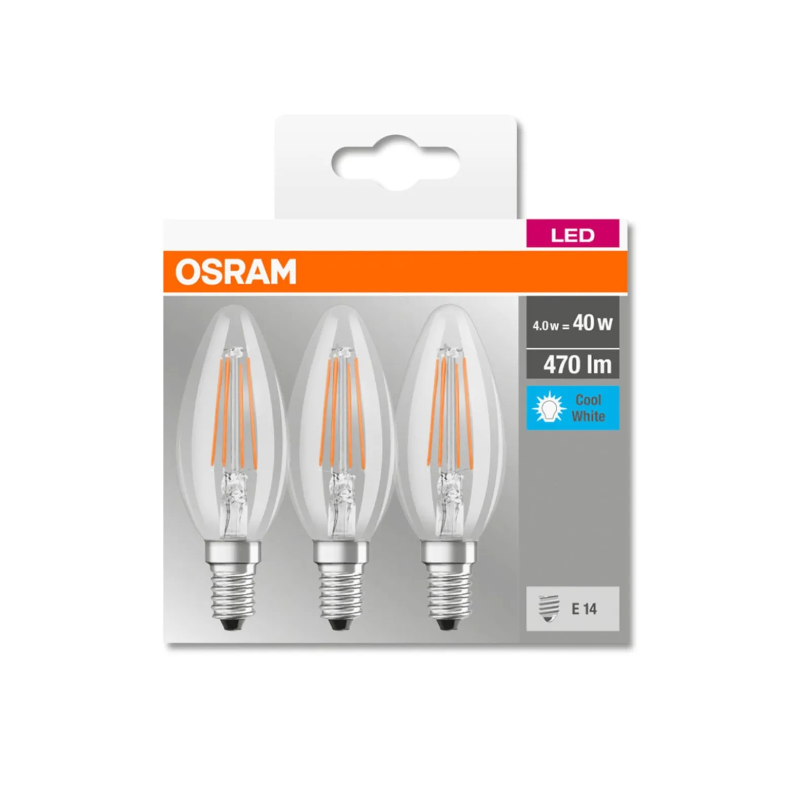 OSRAM-LED-kynttilä E14 4W filament 4000K 470lm, 3