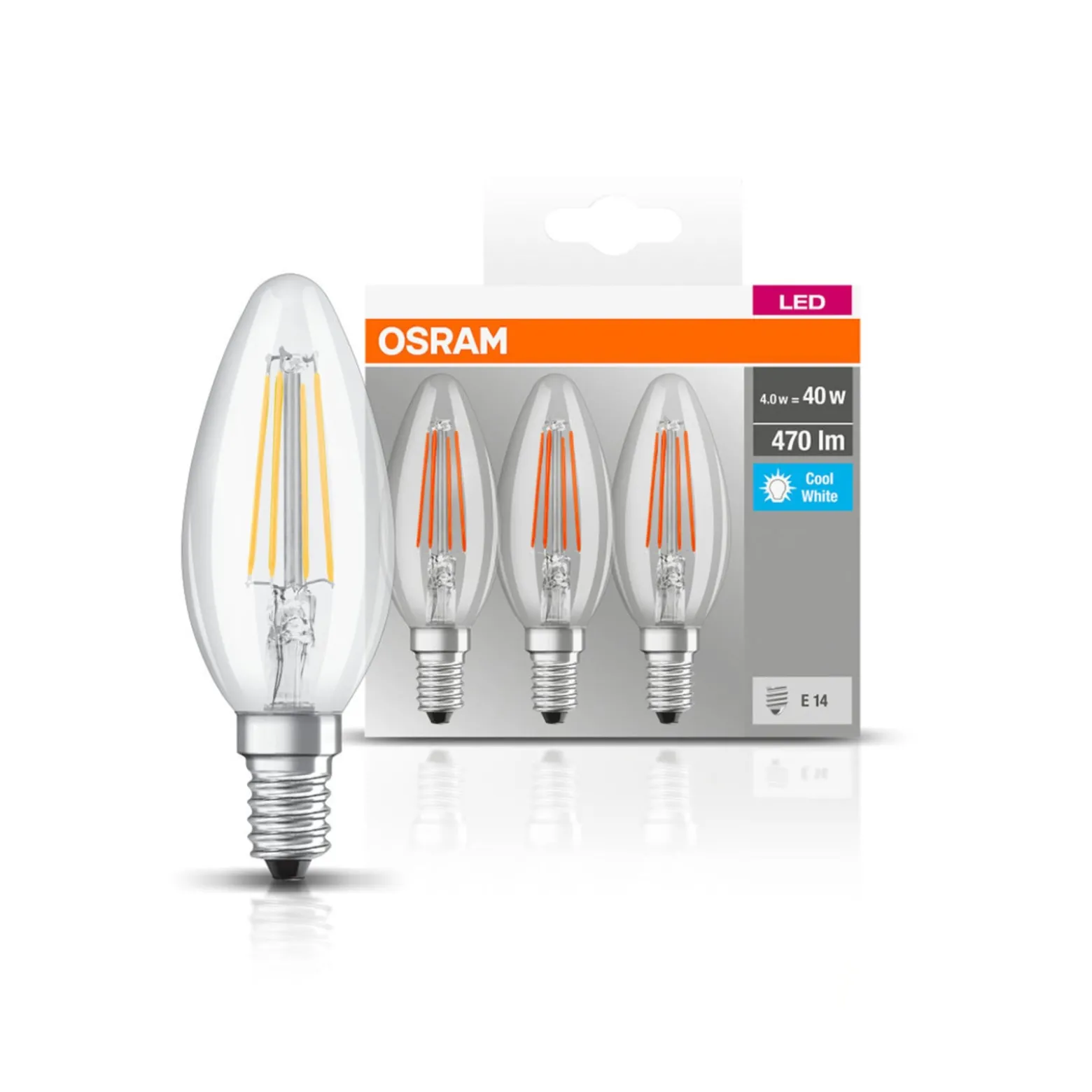 OSRAM-LED-kynttilä E14 4W filament 4000K 470lm, 3