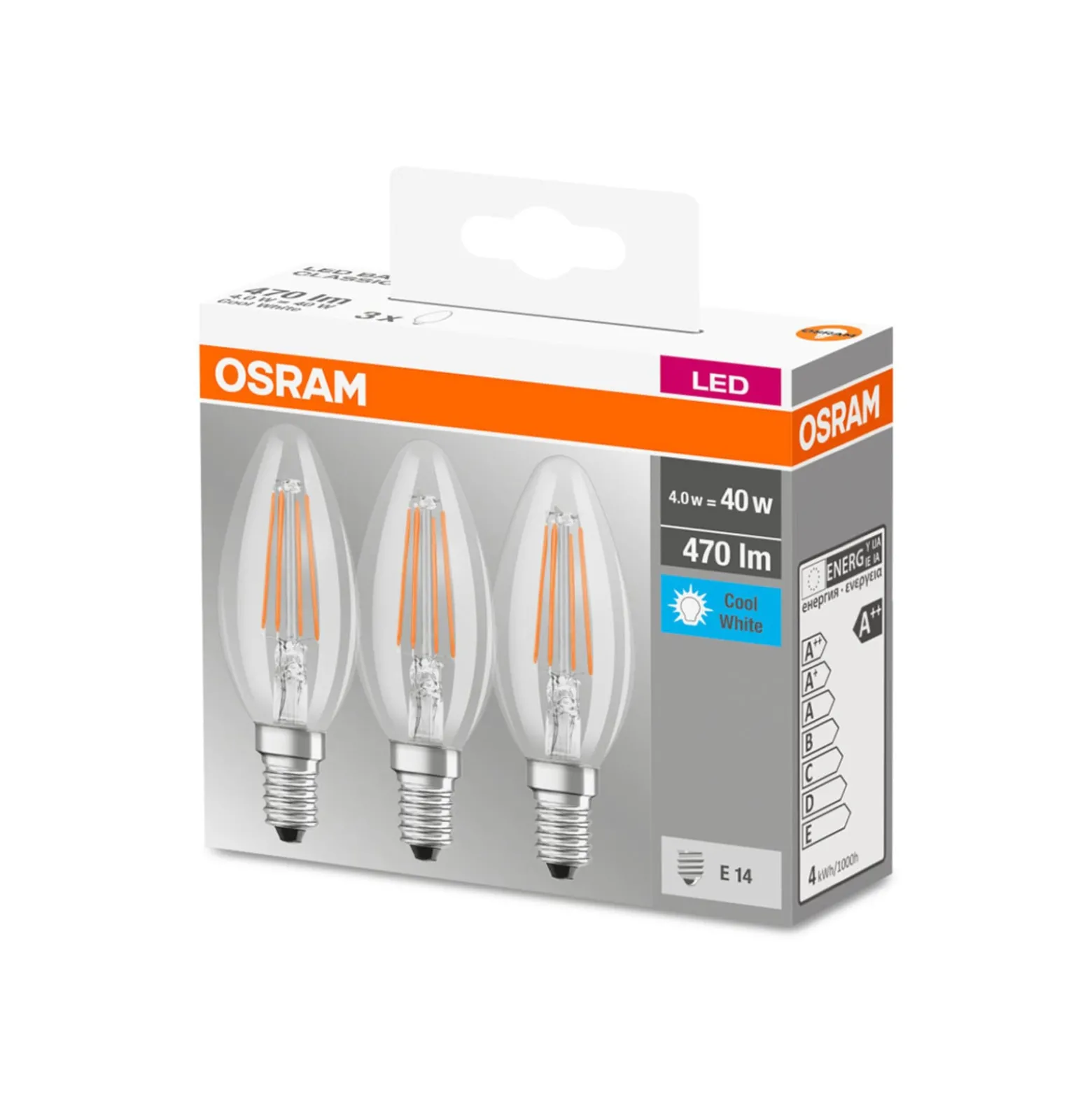 OSRAM-LED-kynttilä E14 4W filament 4000K 470lm, 3