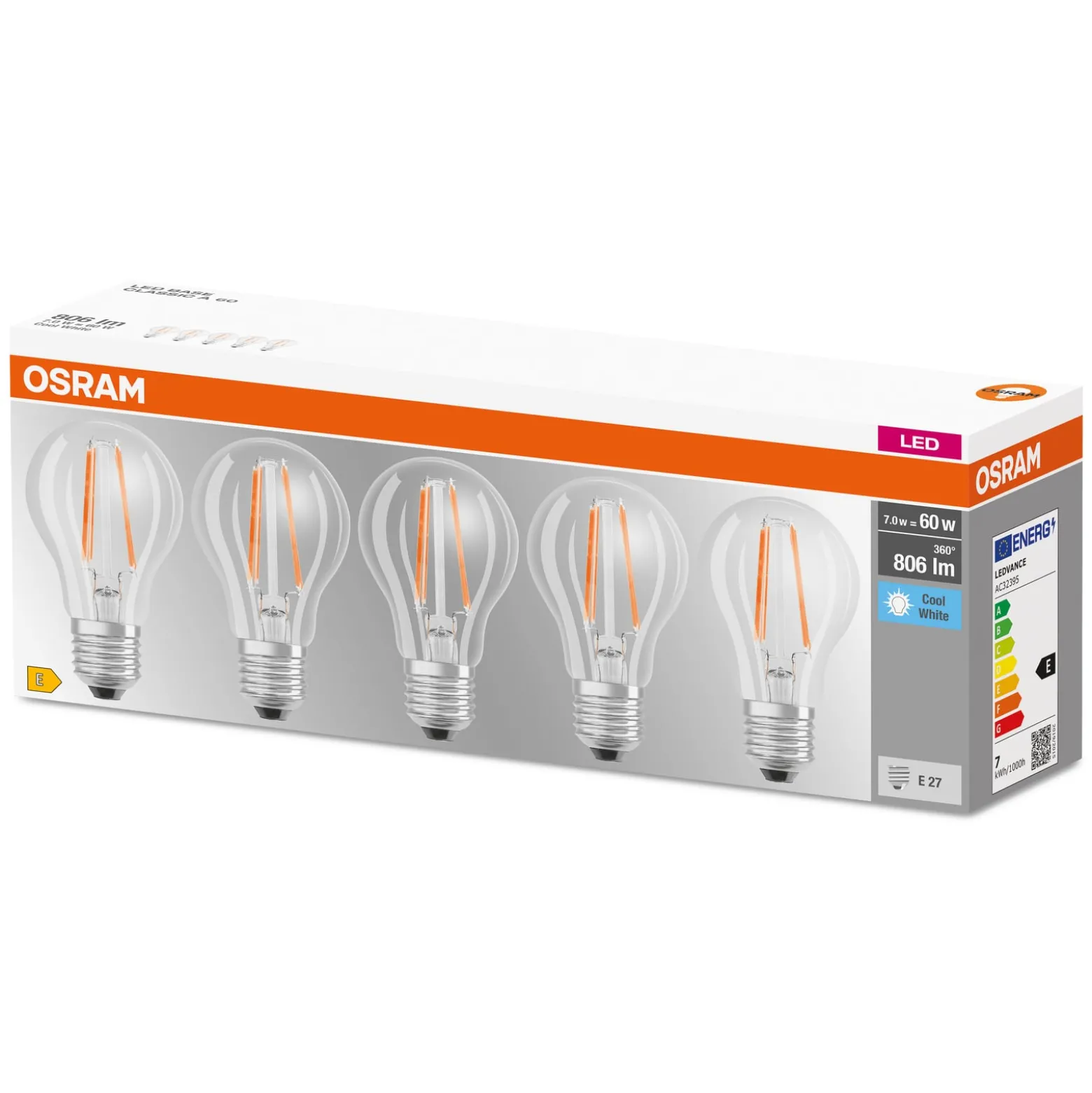 OSRAM LED-lamppu E27Base CL A 7W 4000K kirkas 5kpl