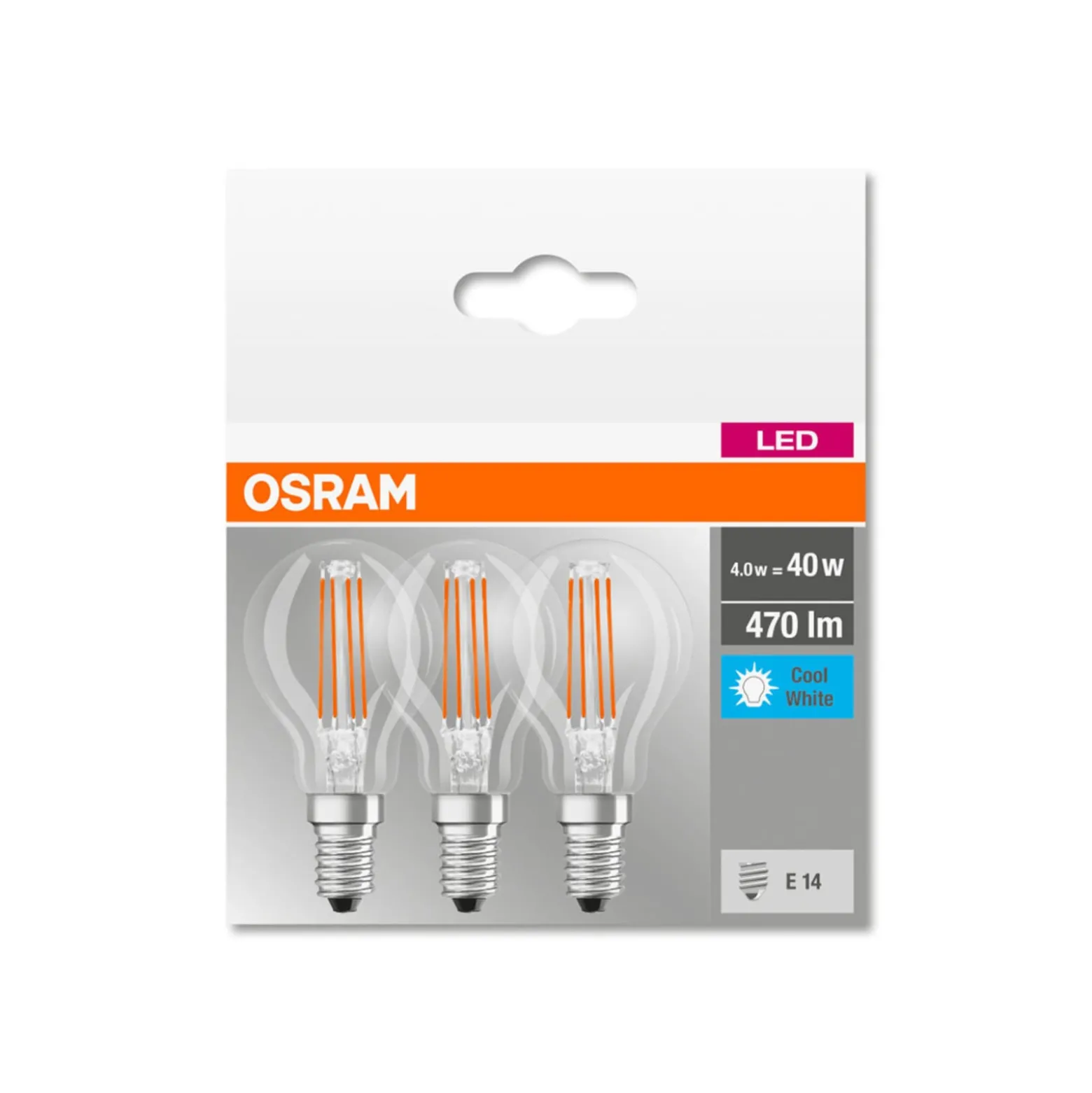 OSRAM-LED-lamppu E14 P40 4W filament 840 470lm, 3