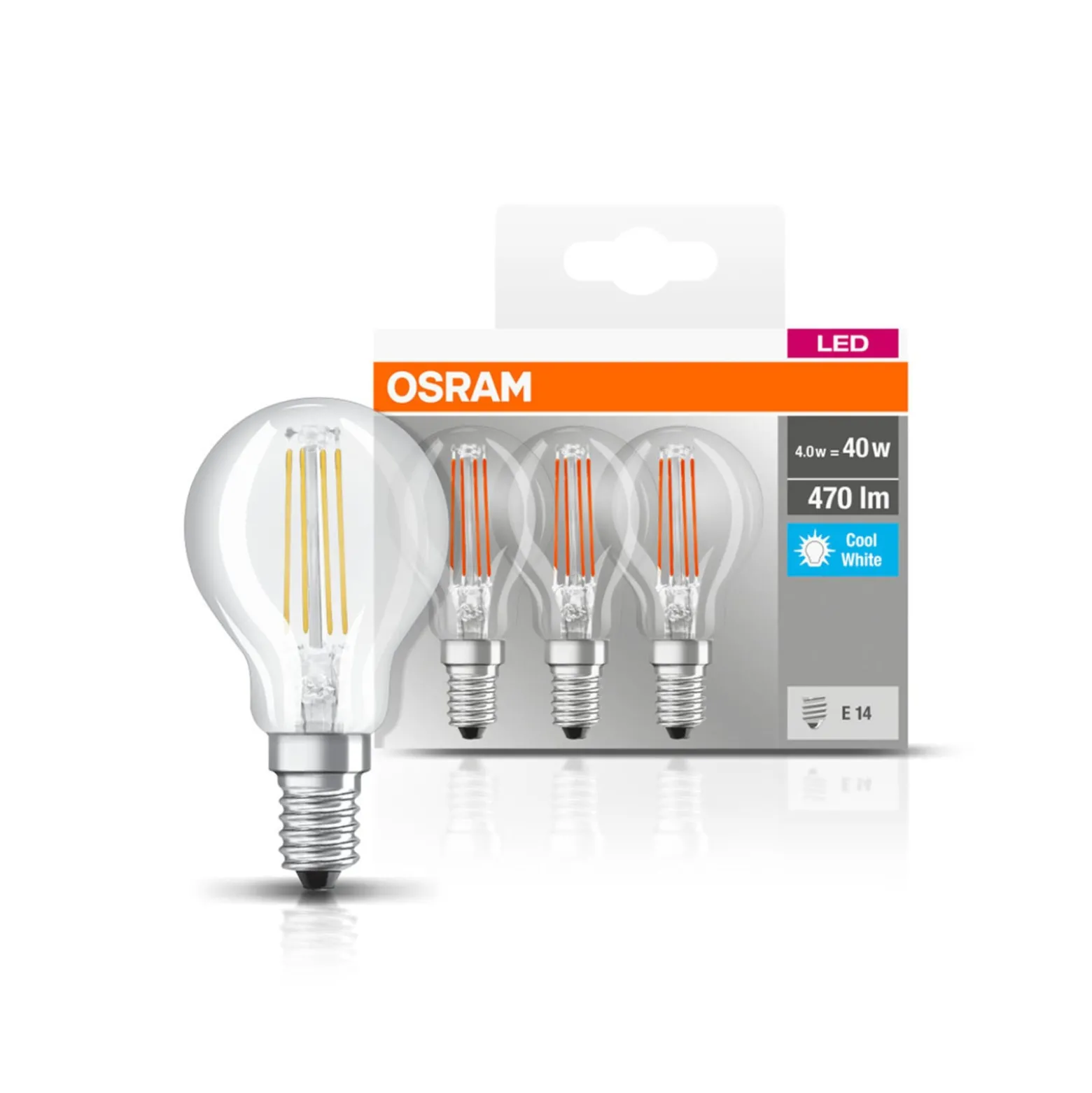 OSRAM-LED-lamppu E14 P40 4W filament 840 470lm, 3